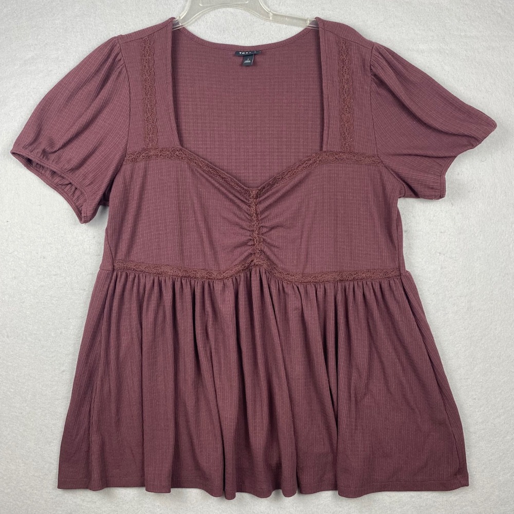 Torrid Plum Purple Ribbed Lace Trim Babydoll Top Short Puff Sleeve Size 1